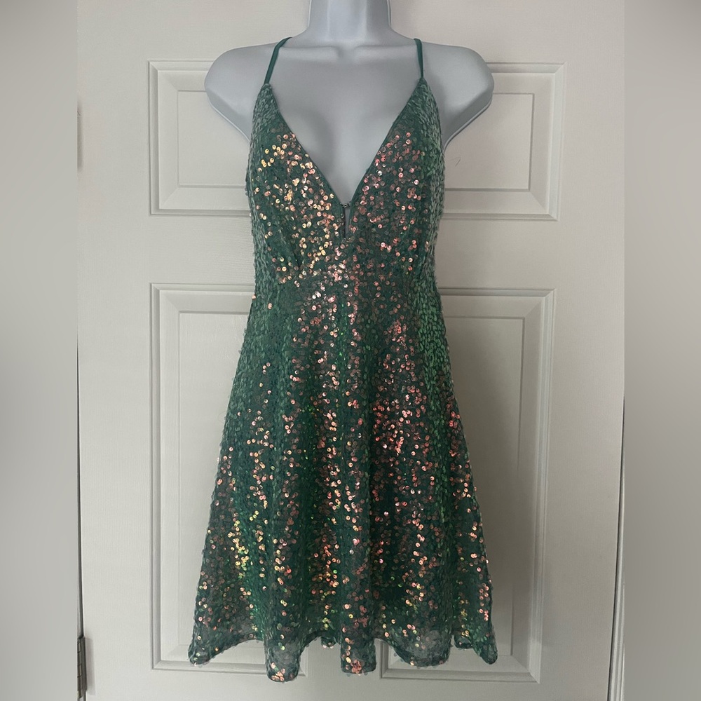 Southern Fried Chics - Hello Darlin Deep V Neck Turquoise Sequin Dress